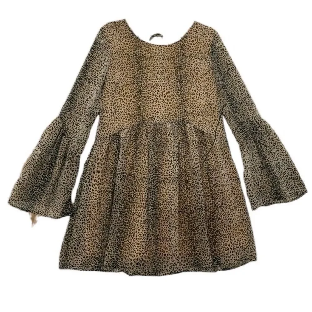 Adrienne Babydoll Dress Womens Size S Leopard Print Bell Sleeves Lined Chiffon